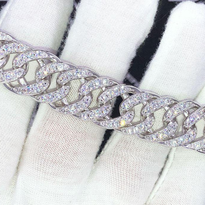 Skinny Cuban Link 15MM VVS Iced Out Hip Hop Bracelet White Gold 8" HipHopBling