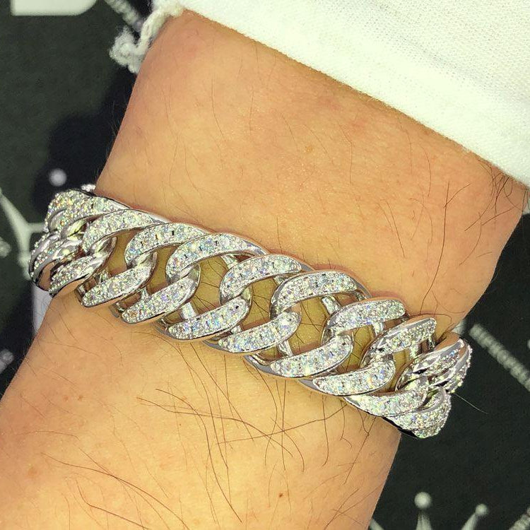 Skinny Cuban Link 15MM VVS Iced Out Hip Hop Bracelet Yellow Gold 8" HipHopBling