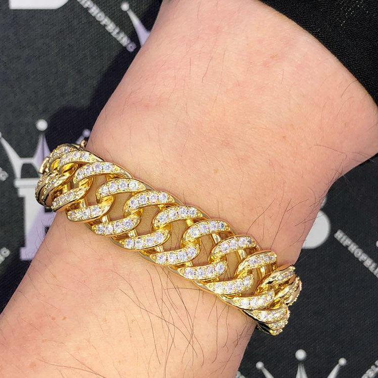 Skinny Cuban Link 15MM VVS Iced Out Hip Hop Bracelet Yellow Gold 8" HipHopBling