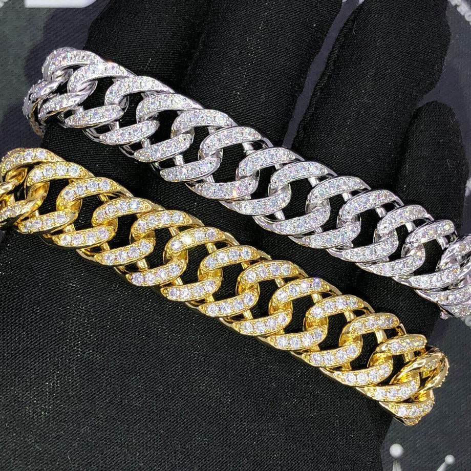 Skinny Cuban Link 15MM VVS Iced Out Hip Hop Bracelet Yellow Gold 8" HipHopBling