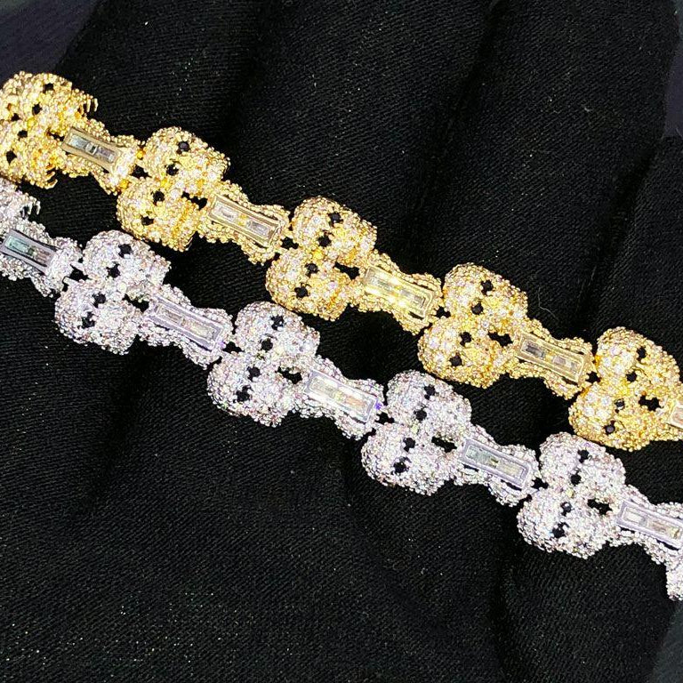 Skull & Bones Hip Hop CZ Iced Out Bracelet VVS White Gold 8" HipHopBling