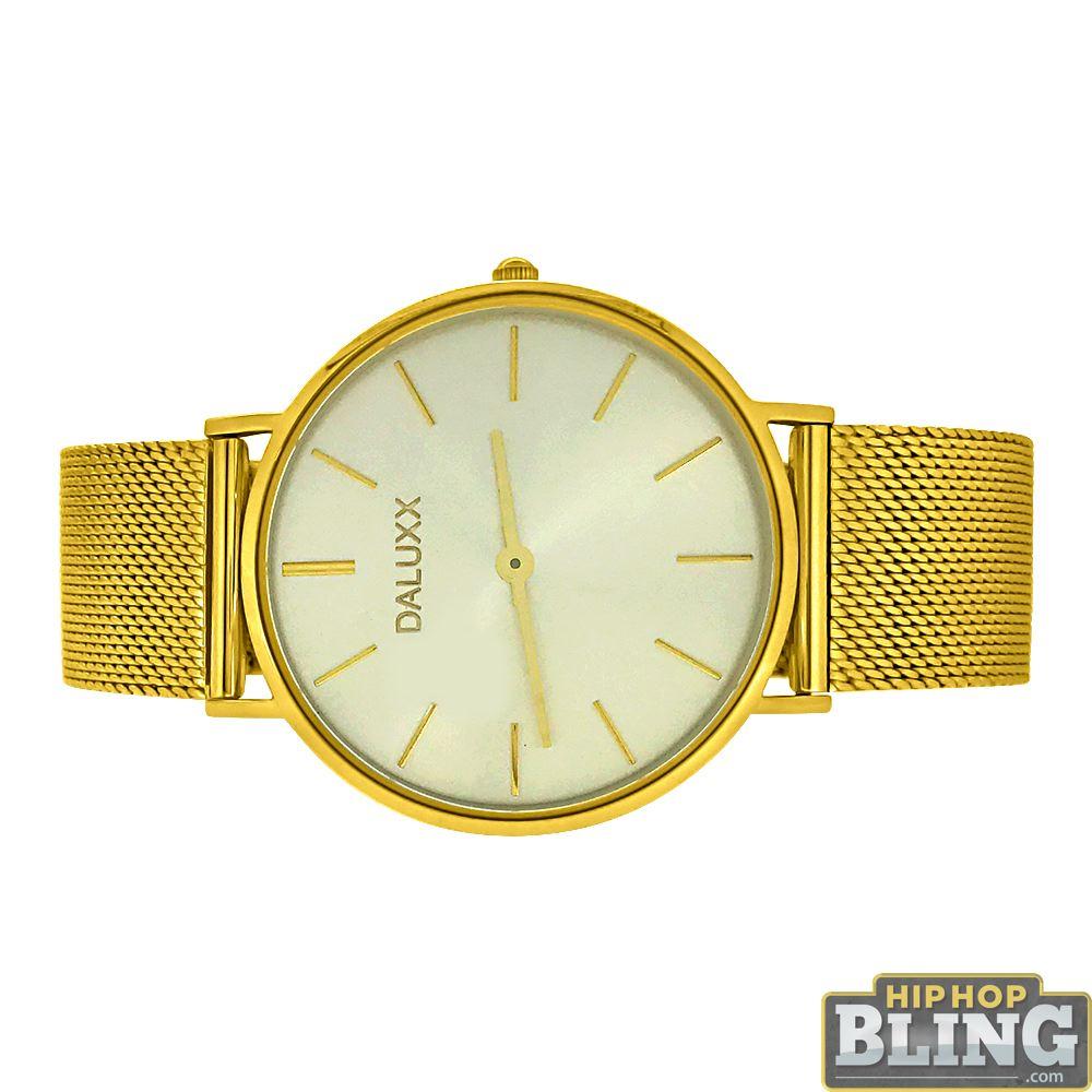 Slim Case Watch Gold Mesh Band Silver Dial HipHopBling