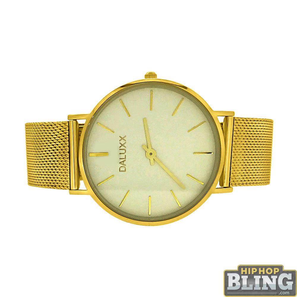 Slim Case Watch Gold Mesh Band White Dial HipHopBling