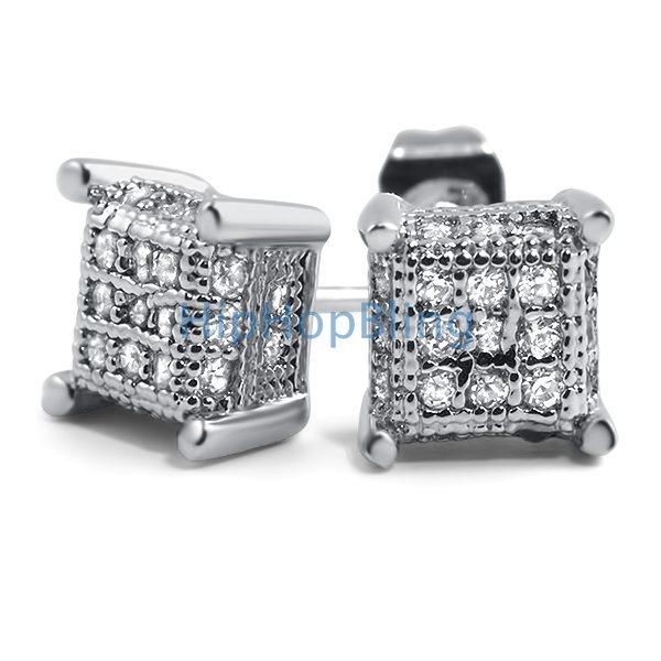 Small 3D Cube Micro Pave CZ Earrings HipHopBling