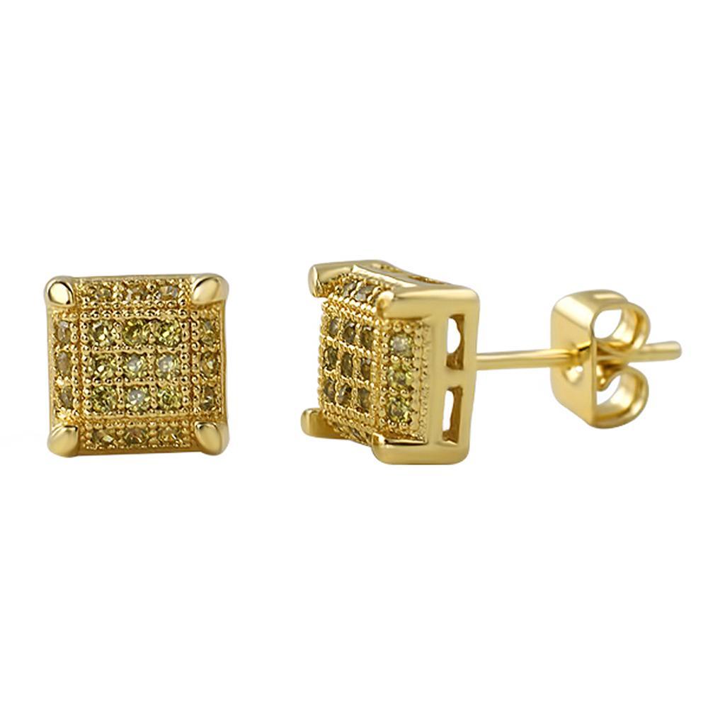 Small Cube Canary Gold CZ Micro Pave Earrings HipHopBling