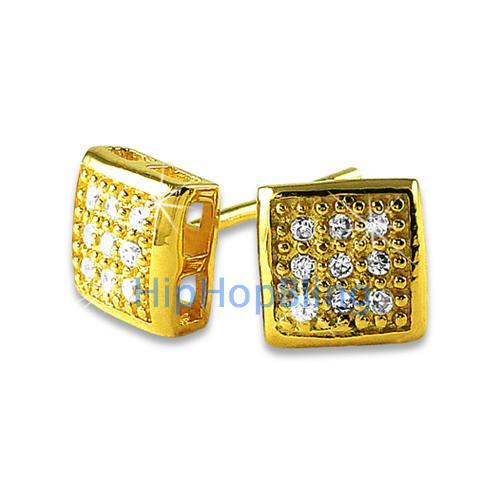 Small Puffed Box Gold Vermeil CZ Micro Pave Earrings .925 Silver HipHopBling