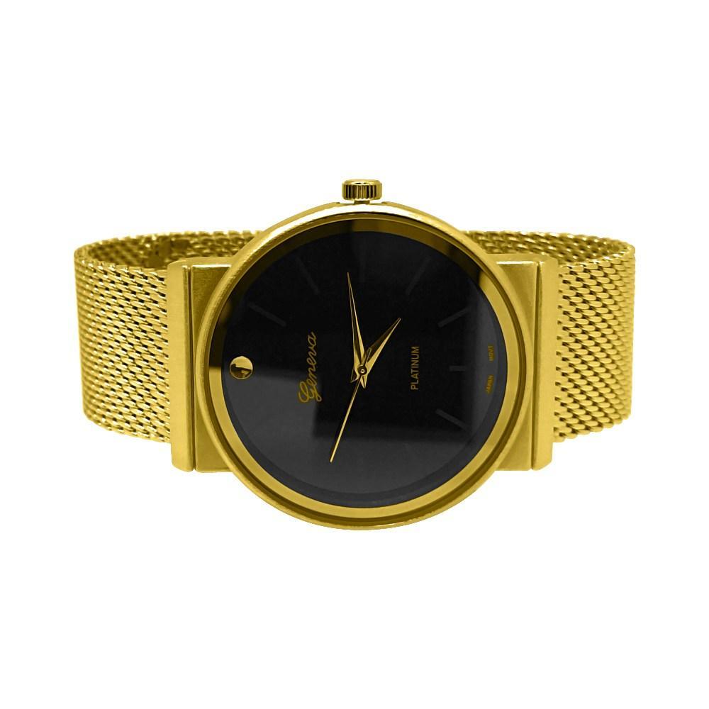 Smooth Round Gold Black Dial Mesh Band Watch HipHopBling