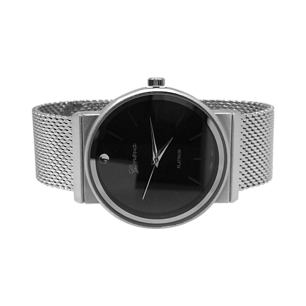 Smooth Round Silver Black Dial Mesh Band Watch HipHopBling