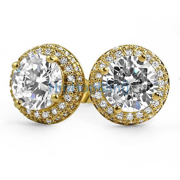 Solitaire Center Micro Pave Border CZ Earrings Yellow Gold HipHopBling