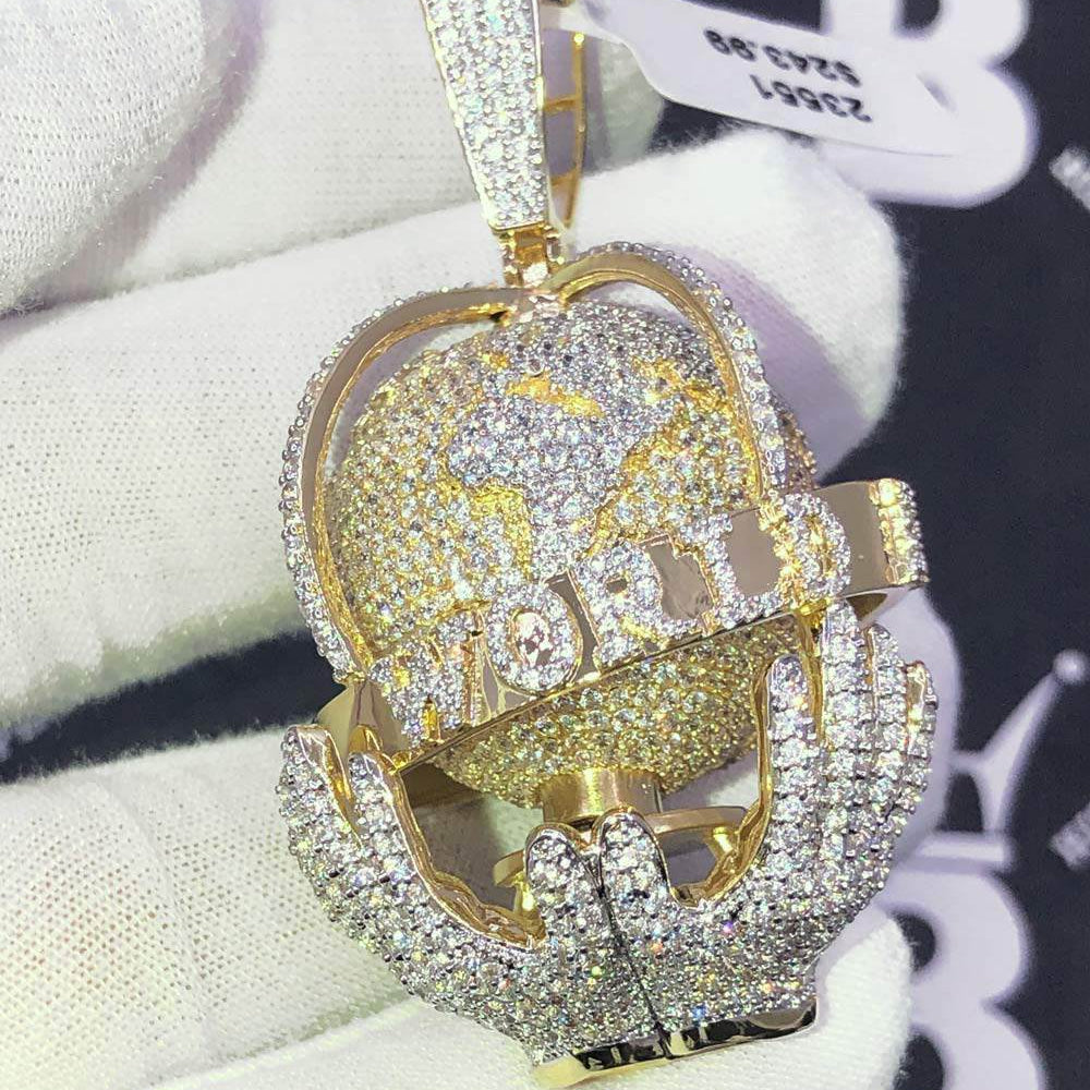Spinning 3D The World is Mine CZ Hip Hop Bling Bling Pendant Yellow Gold HipHopBling