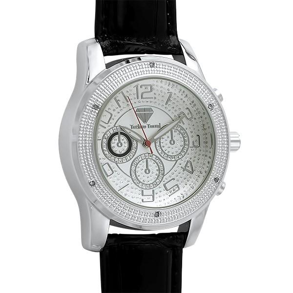 Sport Genuine Diamond Silver Black Leather Watch HipHopBling