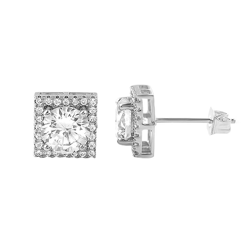 Square Halo Iced Out CZ Rhodium Earrings HipHopBling