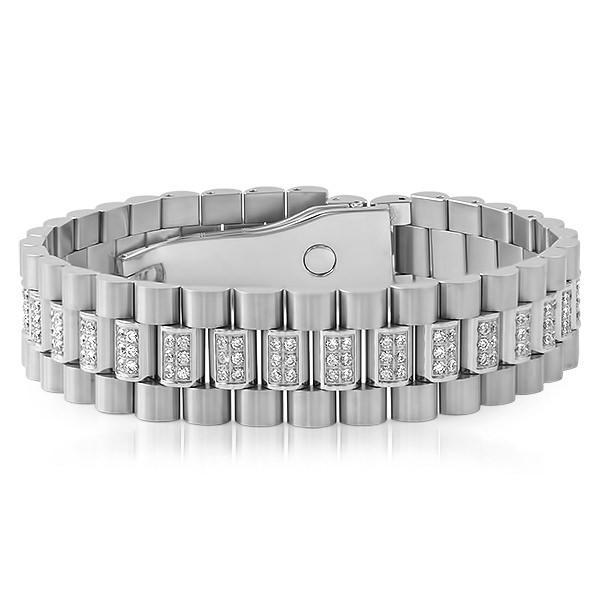 Steel President Bracelet CZ Set Center Links HipHopBling