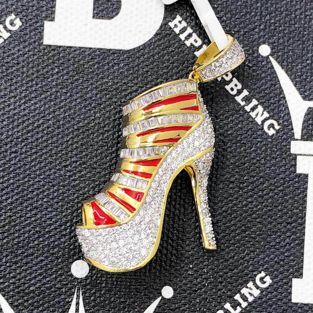 Stiletto High Heel 3D Shoe CZ Hip Hop Bling Bling Pendant White Gold HipHopBling