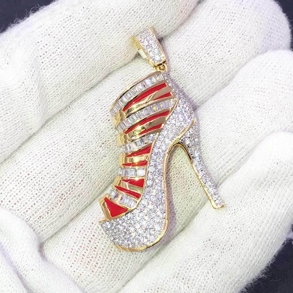 Stiletto High Heel 3D Shoe CZ Hip Hop Bling Bling Pendant White Gold HipHopBling