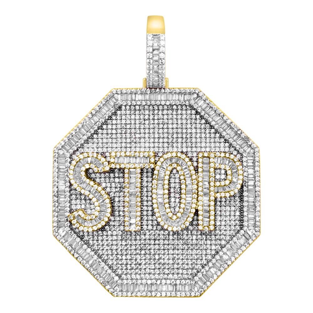 STOP Sign VVS CZ Hip Hop Iced Out Pendant Yellow Gold HipHopBling