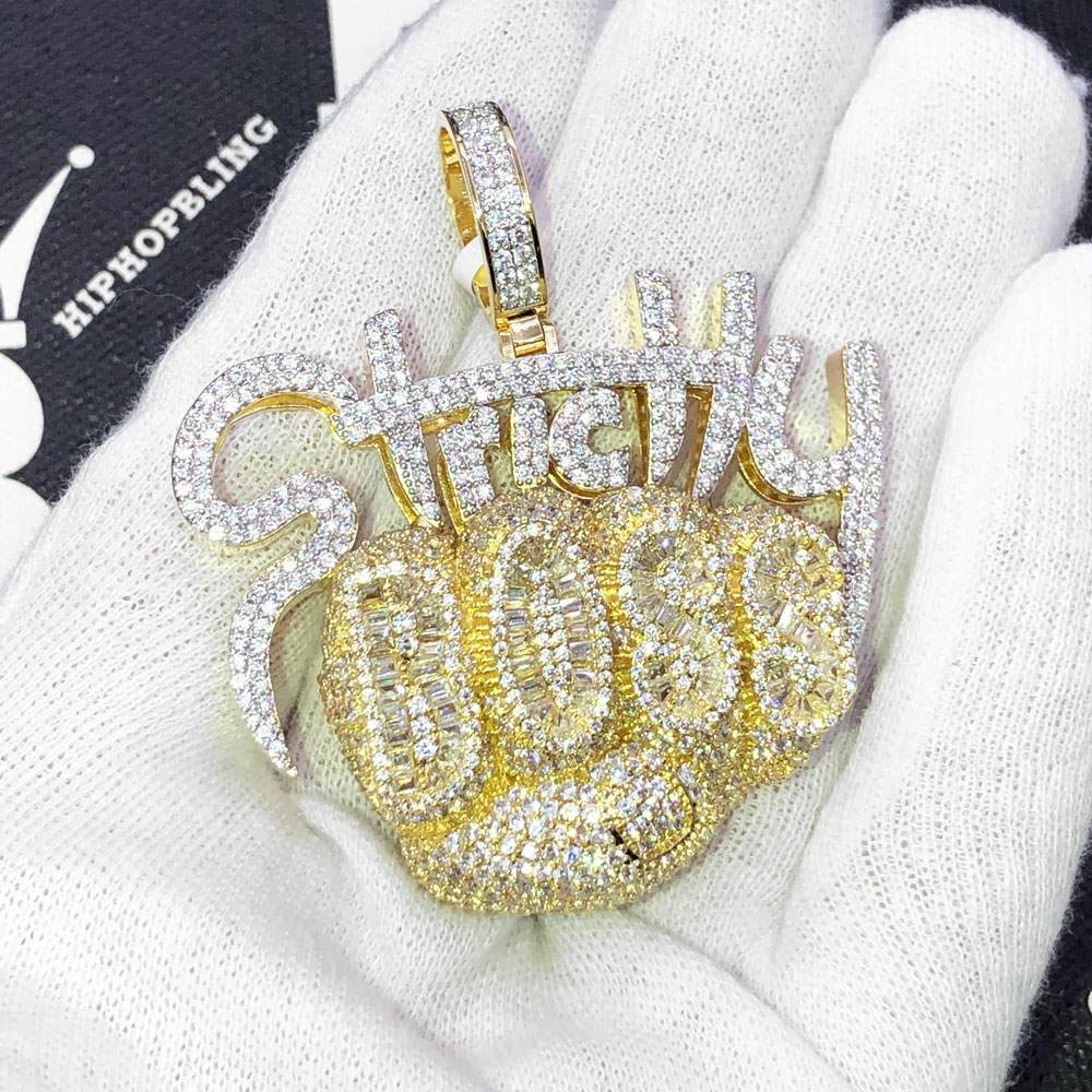 Strictly BOSS Baguette VVS CZ Hip Hop Iced Out Pendant Yellow Gold HipHopBling