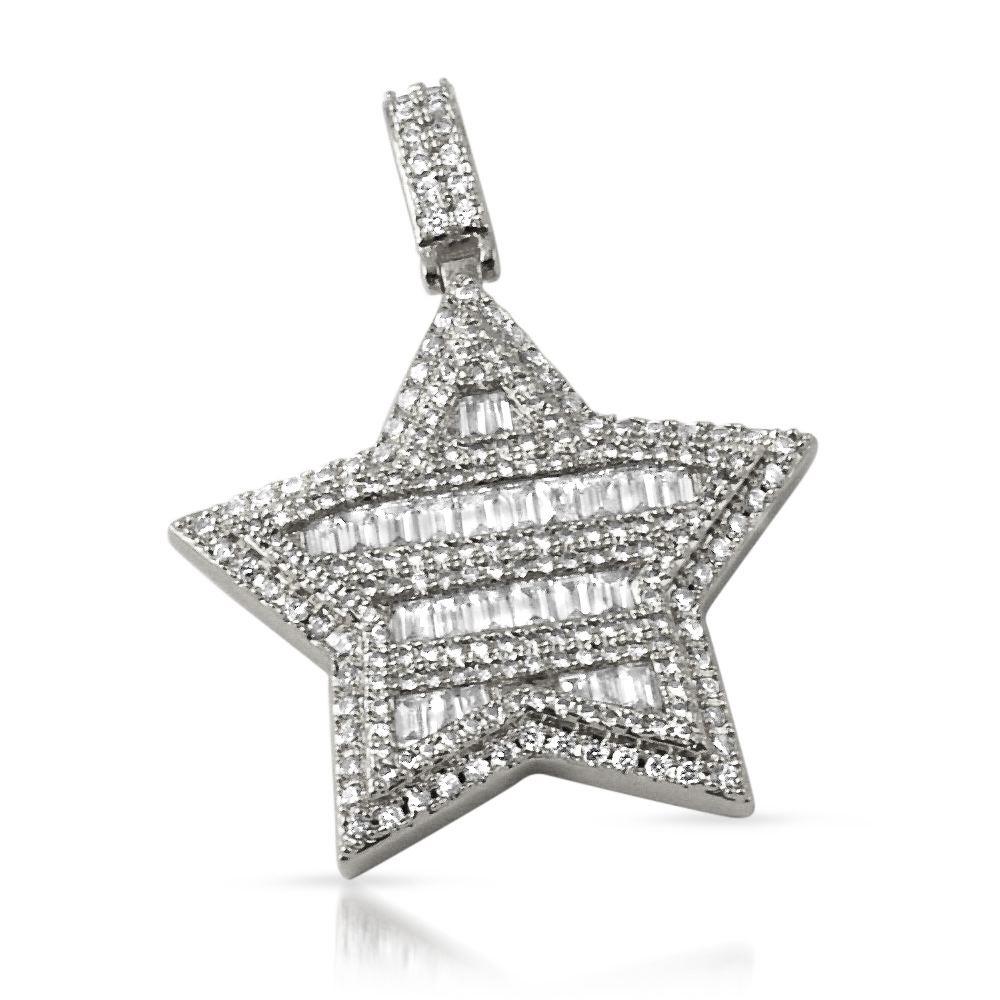 Super Star Baguette CZ Bling Bling Pendant in Rhodium HipHopBling
