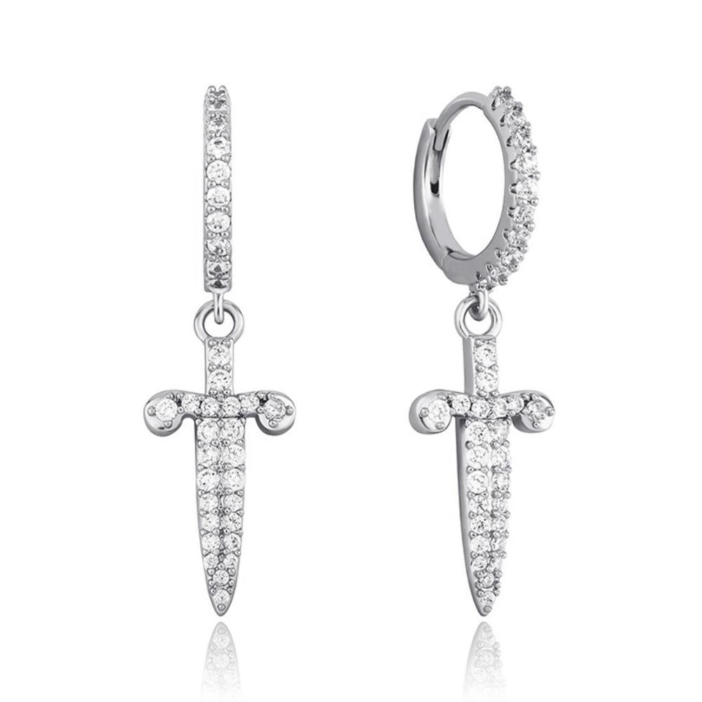 Sword Dangling Hoops CZ Iced Out Earrings .925 Sterling Silver HipHopBling