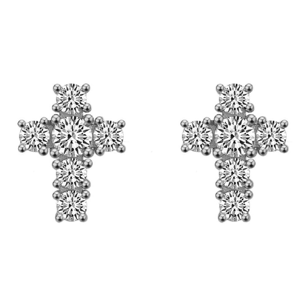 Tennis Cross Stud CZ Iced Out Earrings .925 Silver Yellow Gold HipHopBling
