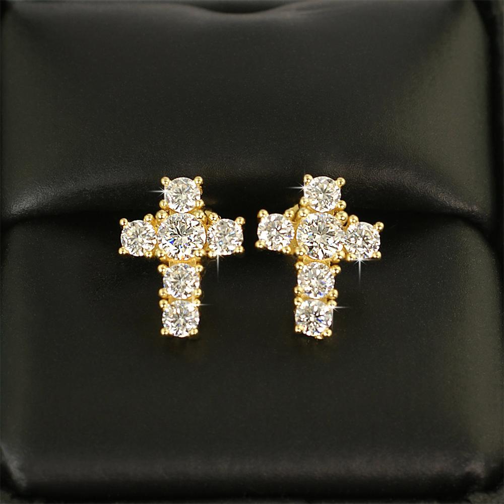 Tennis Cross Stud VVS Moissanite Earrings .925 Sterling Silver White Gold HipHopBling