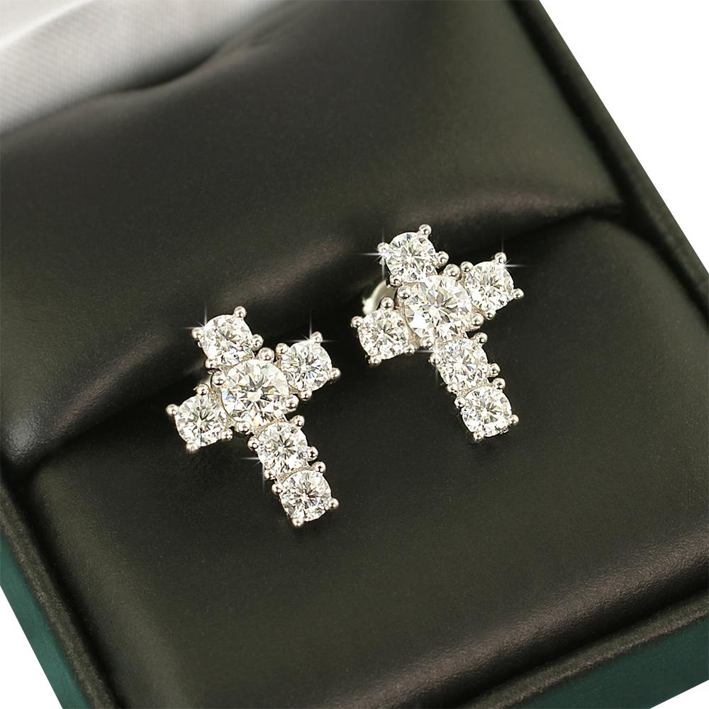 Tennis Cross Stud VVS Moissanite Earrings .925 Sterling Silver White Gold HipHopBling