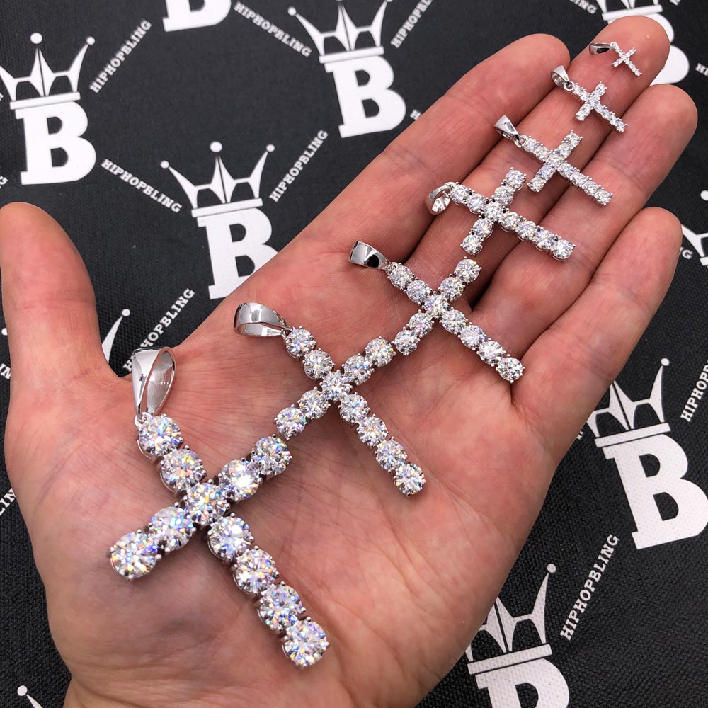 Tennis Cross VVS Moissanite Pendant .925 Sterling Silver 1MM .06 Carats HipHopBling