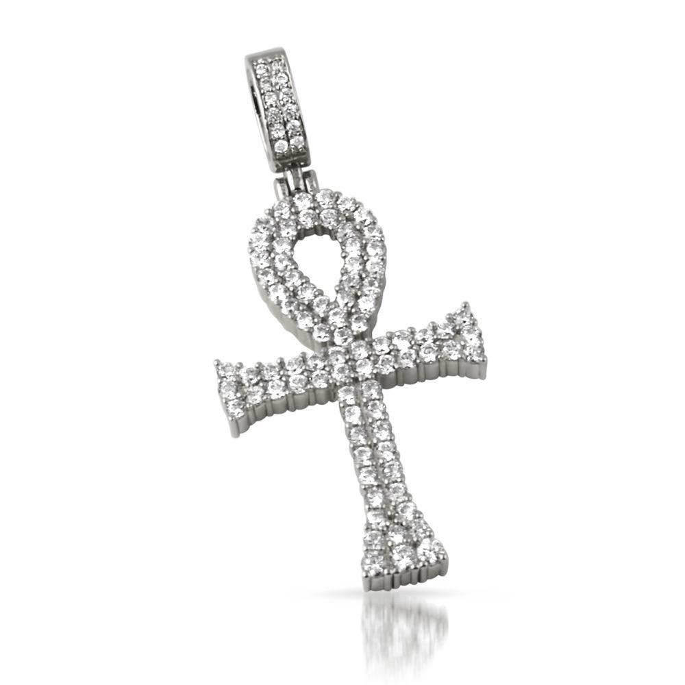 The Double Bling Ankh Cross CZ Iced Out Rhodium Pendant HipHopBling