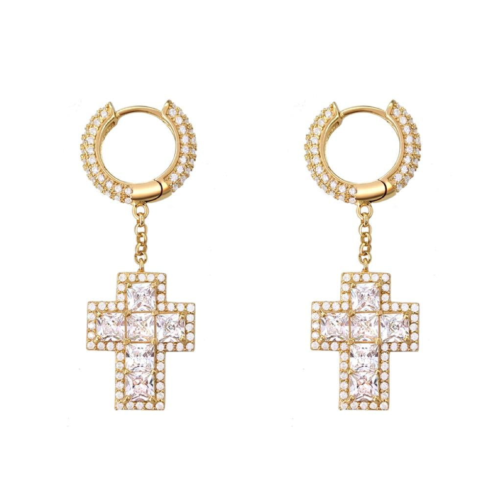 Thick Princess Cross Dangling Huggie Hoop Icedout Earrings .925 Silver Yellow Gold HipHopBling
