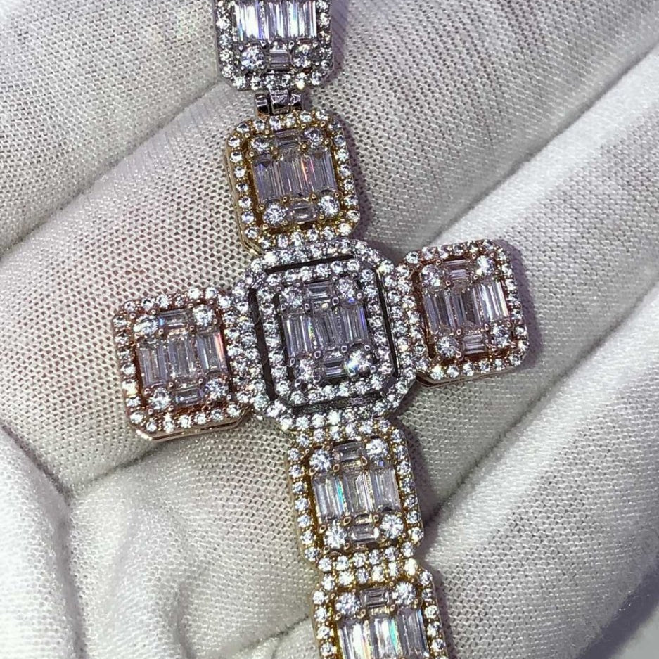 Tri Tone Cluster Baguette Cross CZ Hip Hop Bling Bling Pendant 3 Tone HipHopBling