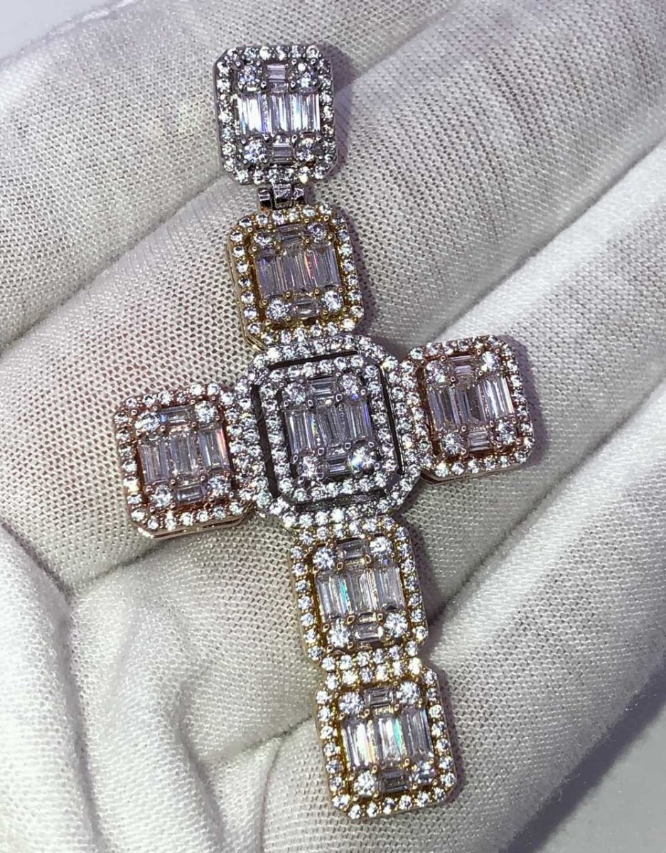Tri Tone Cluster Baguette Cross CZ Hip Hop Bling Bling Pendant 3 Tone HipHopBling