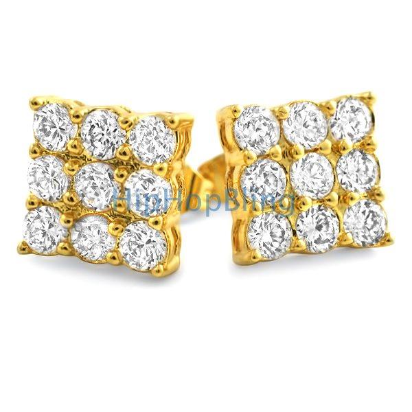 Triple Diamond CZ Gold Bling Bling Earrings HipHopBling