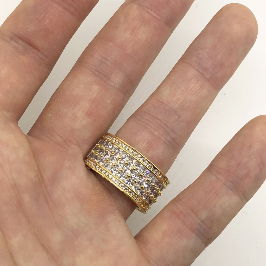 Triple Row Princess Cut Eternity Band Gold Mens CZ Bling Ring 7 HipHopBling