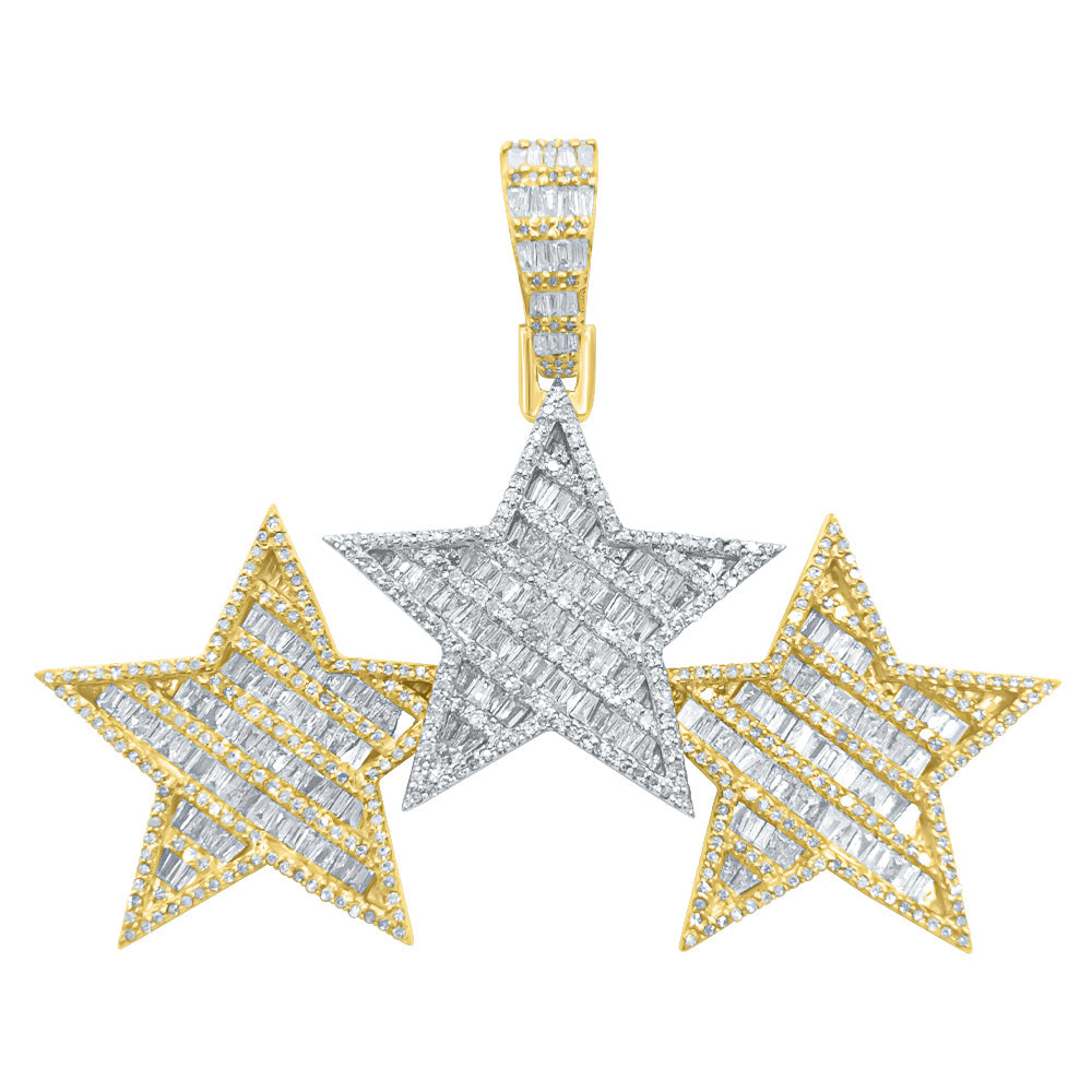 Triple Star Baguette Diamond Pendant 2.15cttw 10K Yellow/White Gold HipHopBling