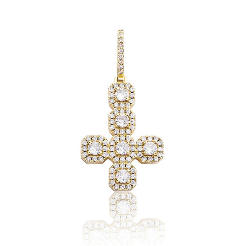 Upside Down Cluster Cross Iced Out Hip Hop Pendant Yellow Gold HipHopBling
