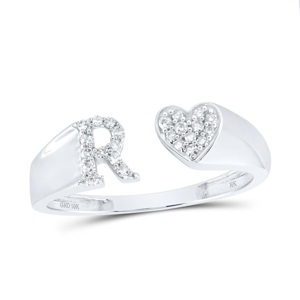 Womens Initial Letter Heart Diamond Ring 10K Gold R 10K White Gold HipHopBling