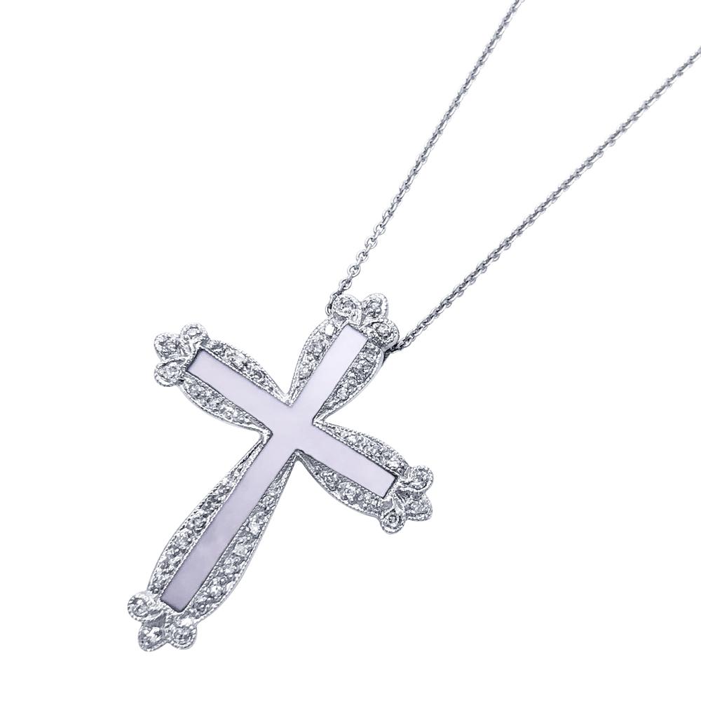 Womens Mother of Pearl Antique Cross and Chain 14K White Gold HipHopBling