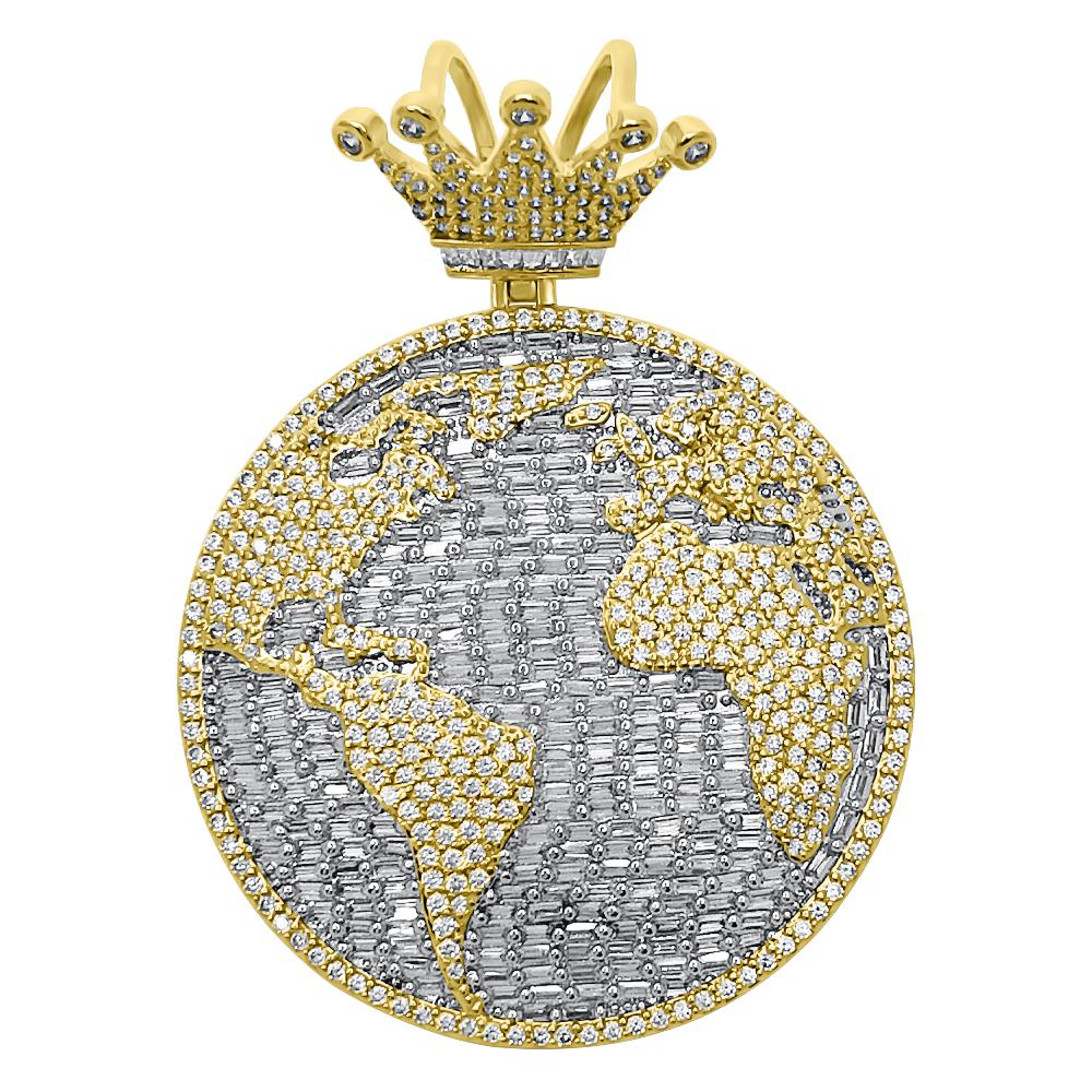 World Globe Baguette VVS CZ Hip Hop Iced Out Pendant Yellow Gold HipHopBling