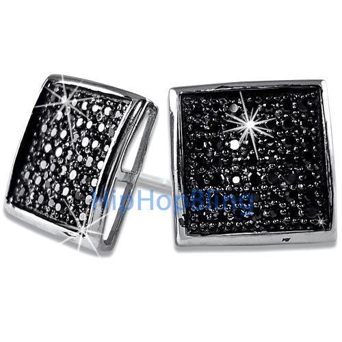XL Deep Dish Box Black CZ Iced Out Micro Pave Earrings .925 Silver HipHopBling