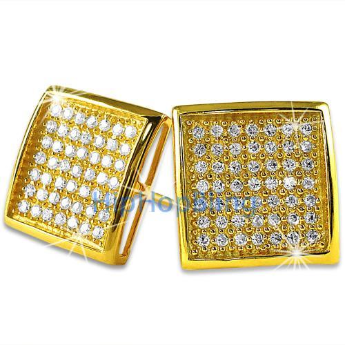 XL Deep Dish Box Gold Vermeil CZ Iced Out Micro Pave Earrings .925 Silver HipHopBling