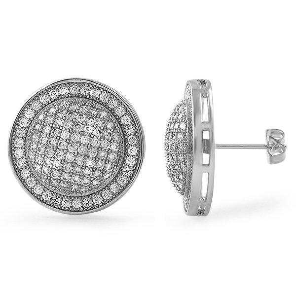 XL Domed Rhodium CZ Iced Out Earrings HipHopBling