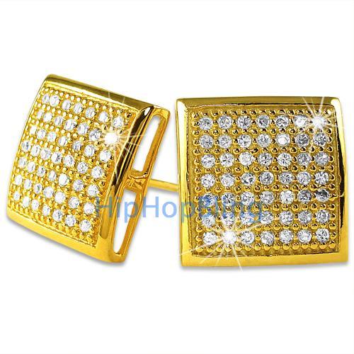 XL Gold Vermeil CZ Puffed Box Micro Pave Earrings .925 Silver HipHopBling