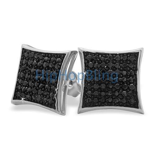 XL Puffed Kite Black CZ Micro Pave Earrings .925 Silver HipHopBling