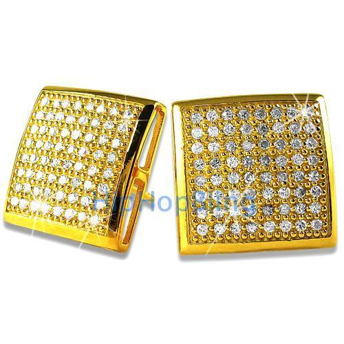 XXL CZ Puffed Box Gold Vermeil Bling Bling Micro Pave Earrings .925 Silver HipHopBling