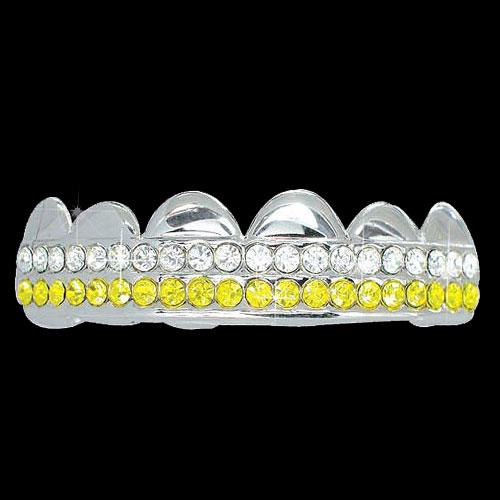 YELLOW / CLEAR Double Bar SILVER Iced Out Grillz Hip Hop Bling Grills TOP HipHopBling