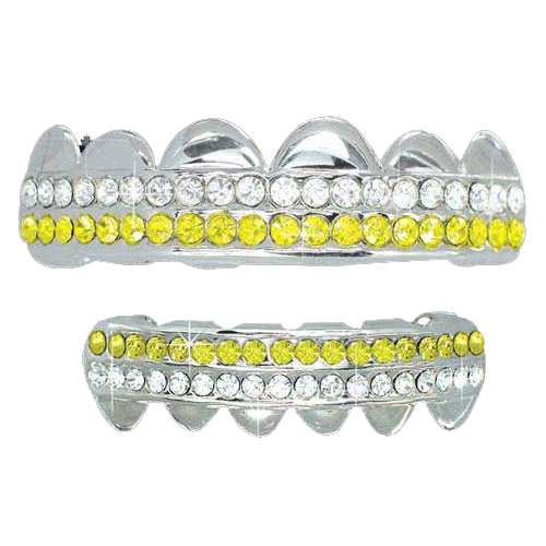 Yellow White 2 Row Iced Out Grillz Top Bottom Set HipHopBling