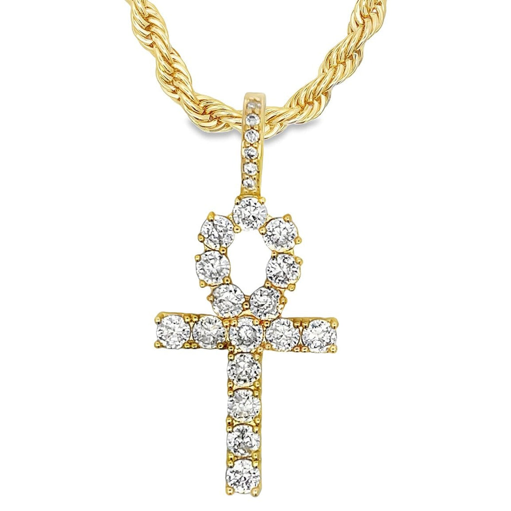 [$1] Gold Chain Necklaces 4MM Rope 18 IN Ankh Tennis Cross CZ Iced Out Pendant ($119 VALUE) Just $19.99 HipHopBling