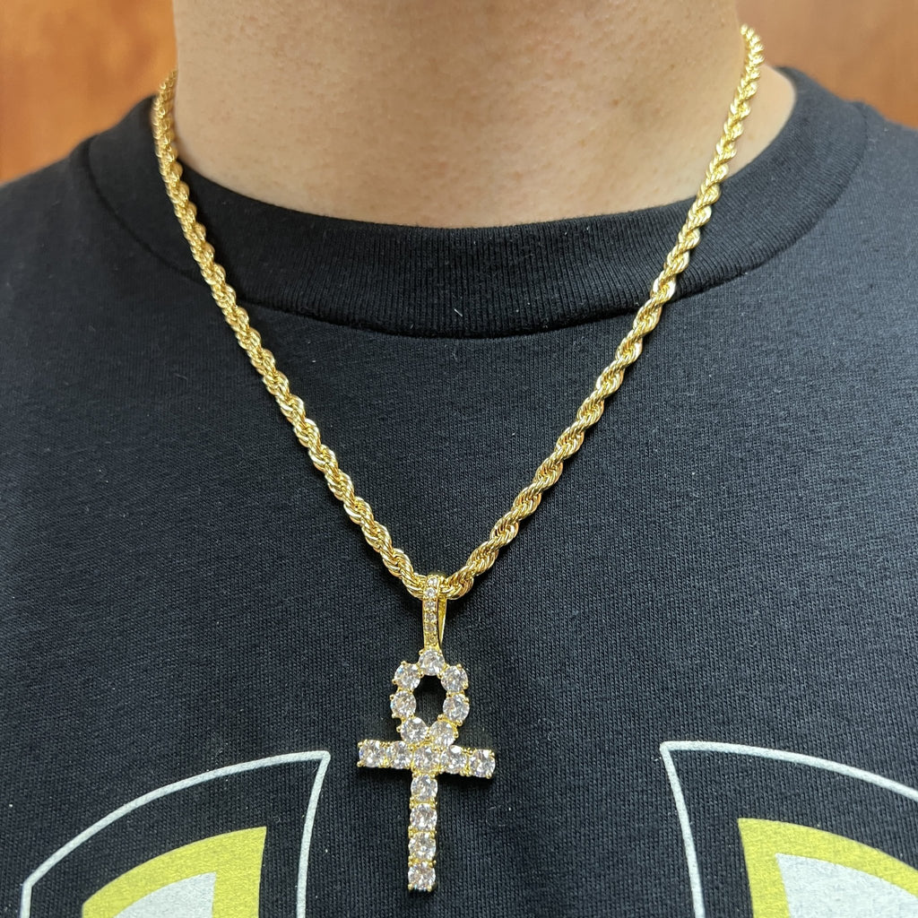 [$1] Gold Chain Necklaces 4MM Rope 18 IN Ankh Tennis Cross CZ Iced Out Pendant ($119 VALUE) Just $19.99 HipHopBling
