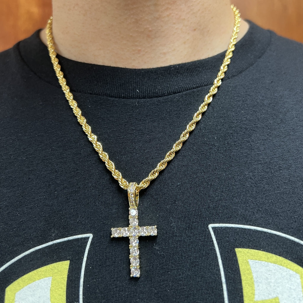 [$1] Gold Chain Necklaces 4MM Rope 18 IN Tennis Cross CZ Iced Out Pendant ($119 VALUE) Just $19.99 [BEST SELLER] HipHopBling