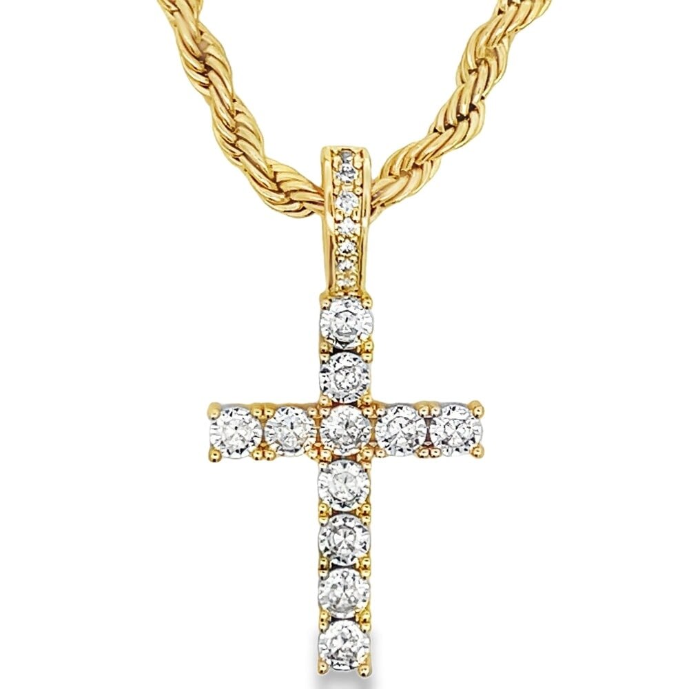 [$1] Gold Chain Necklaces 4MM Rope 18 IN Tennis Cross CZ Iced Out Pendant ($119 VALUE) Just $19.99 [BEST SELLER] HipHopBling